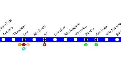 地図のサンパウロにメトロ1号線-青
